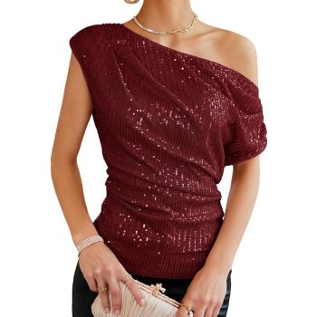 Dressy Ruched Sparkly Tops for Women 2024 Asymmetrical Off The Shoulder Sequin Top Shirt Girls Slimming Vegas Outfits Vacation Wine Red M