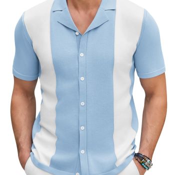 Men's Bowling Shirt Short Sleeve Knitted Polo Shirts Summer Casual Button-Down Shirts Casual Mens Hawaiian Shirt Light Blue