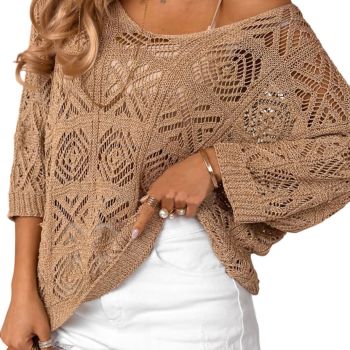 Spring Sweaters for Women 2024 Knit Top 3/4 Short Sleeve Sweaters Lightweight Outfits Clothes Sexy Round Neck Crochet Tops Off Shoulder Sweater Camel X-Large