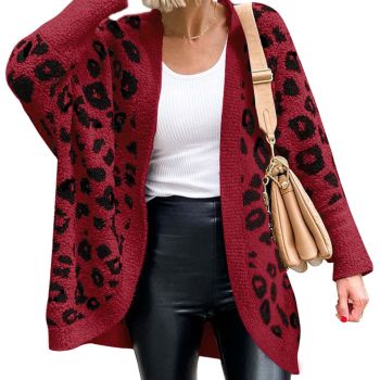 Womens Cardigan Sweaters Long Sleeve Open Front Cardigans Fall Fashion Loose Knit Printed Outwear Winter Coats(Leopard Red
