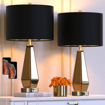 Set of 2 Mirrored Glass Bedside Table Lamps