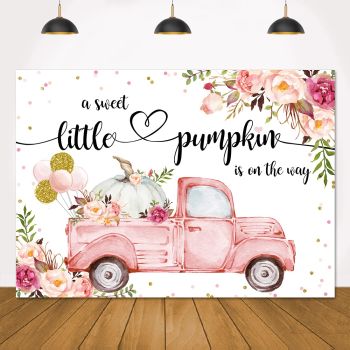 Little Pumpkin Girl Baby Shower Photography Backdrops Props Fall Autumn Pink Floral Princess Baby Shower Party Decoration Car Gold Balloon Flowers Photo Studio Booth Background Banner 7x5ft