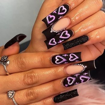 Valentines Black Press on Nails Long Square Fake Nails French False Nails