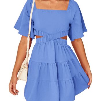 Women Summer Dresses 2023 Square Neck Short Sleeve Cutout Crossover Waist Casual Party Tiered A-Line Mini Dress(Solid Sky Blue
