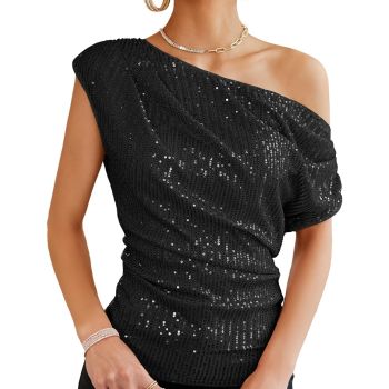 One Shoulder Sequin Tops for Women Dressy Casual Elegant Batwing Sleeve Asymmetrical Neck Metallic Summer Tops for Women 2024 Trendy Black 2XL