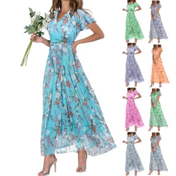Floral Dresses for Women 2024 Flowy Elegant Summer Maxi Dress Chiffon Dress Summer Wedding Guest Dress Summer Maxi Dresses for Women 2024 Beach Dresses for Women Trendy Short Sleeve V Neck Long Dress