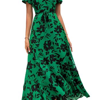 Women's Summer Wrap Maxi Dress Casual Boho Floral V Neck Short Sleeve Ruffle Hem Split Beach Long Dresses (Green Floral,Medium)