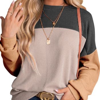 Womens Pullover Shirts Ladies Crewneck Long Sleeve Colorblock Tunics Blouses Autumn Winter Casual Loose Jumper Tops Fall Fashion Knitted Tops Black Medium