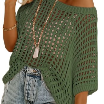 Womens Casual Spring Summer Crochet Hollow Out Sweaters Top Cruise Outfits for Women 2024 Off Shoulder Pullover Shirt Short Sleeve Lightweight Knit Tops Mist Green Large