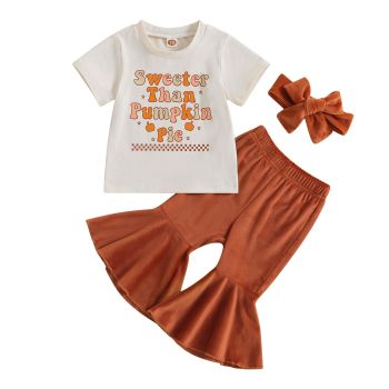 Baby Girl Halloween Outfit Pumpkin Printed Long Sleeve Sweatshirt Tops Flare Pants Set Cute Toddler Clothes (Orange A