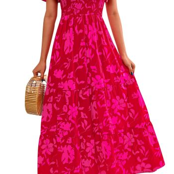 Floral Spring Wedding Guest Dresses for Women 2024 Smocked Top Tired Maxi Dress Boho Summer Beach Dresses (Red Rose Red Flower