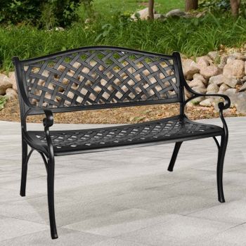 Outdoor Patio Garden Bench All-Weather Cast Aluminum Loveseats Park Yard Furniture Porch Chair Work Entryway Decor w/Checkered Design (Black)