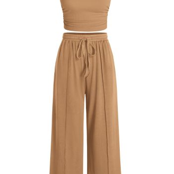 Women Two Piece Lounge Sets Casual Summer Ribbed Knit Sleeveless Crop Top High Waist Wide Leg Pants Matching Set(Solid Camel