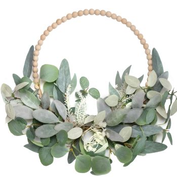 16" Wood Bead Eucalyptus Leaf Wreath Artificial Green Leaf Wreath Spring Summer Decoration Holiday Party Indoor/Outdoor Farmhouse Wreaths for Front Door Decor