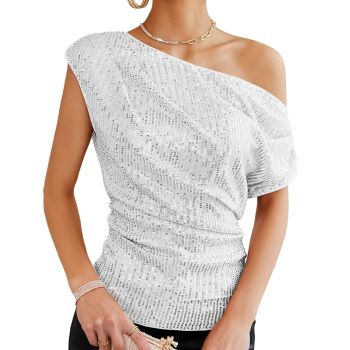 One Shoulder Sequin Tops for Women Dressy Casual Elegant Batwing Sleeve Asymmetrical Metallic Summer Tops for Women 2024 Trendy Silver White 2XL