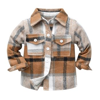 Toddler Boys Girls Plaid Flannel Shirts Jacket Long Sleeve Lapel Button Down Shirts Coats Shacket Back to School Christmas Birthday Photoshoot Fall Winter Outerwear for Kids Brown 18-24 Months