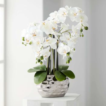 Potted Faux Artificial Flowers Arrangements Realistic White Phalaenopsis Orchid in Silver Pot Home Decoration Living Room Office Bedroom Bathroom Kitchen Dining Room 23" High
