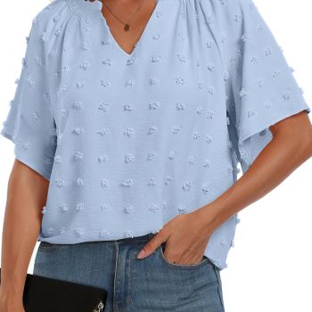 Shirts for Women Trendy V Neck Short Sleeve Work Blouse Summer Casual Dressy Top Swiss Dot Lightweight T-Shirts 2024 Spring Fashion Clothes A1355tianlan-XL Sky