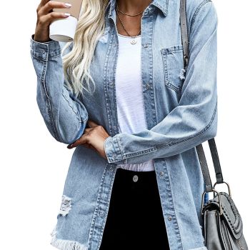 Womens Jean Jacket Fall Jackets Washed Distressed Boyfriend Long Sleeve Classic Denim Ripped Jacket With Pocket Autumn Spring,US(16-18) S,Sky Blue