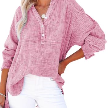 Womens Fashion Fall Clothes Button V Neck Long Sleeve Shirts Cotton Office Workout Pullover Blouses Tops Resort Wear for Women Tops Dressy Casual Small Pink
