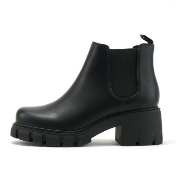 PIONEER ~ Women Lug Sole Mid Heel Chelsea Fashion Ankle Bootie w/Double Elastic Gore (Black