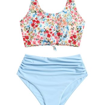 Women's High Waisted Tankini Scoop Neck Knotted Two Pieces Tankini Set Swimsuit (1-Light Blue