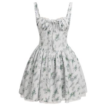 Women's Corset Mini Dress Square Neck Spaghetti Straps Backless Floral Lace up Low Cut Ruffle Mini Short Dress Summer Sundress Light Green Small