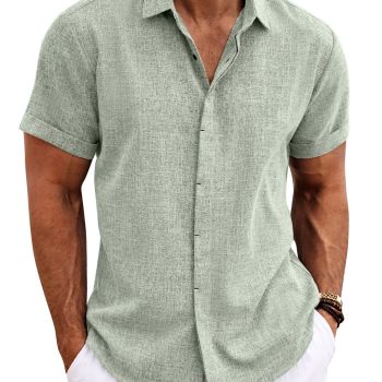 Men's Beach Shirt Button Up Shirts Casual Short Sleeve Slim Fit Summer Shirts Light Green