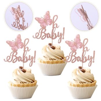 24 Pack Butterfly Oh Baby Cupcake Toppers Glitter Baby Shower Butterfly Cupcake Picks Kids Birthday Baby Shower Butterfly Theme Party Decorations Supplies Rose Gold.