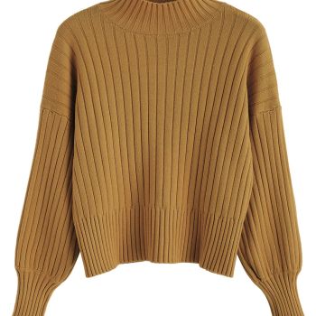 Women's Mock Neck Sweater Long Sleeve Ribbed Knit Basic Cropped Pullover Sweater (2-Coffee)