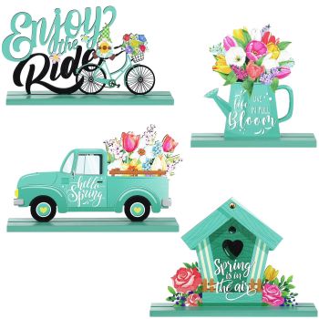 4 Pcs Hello Spring Table Decorations Spring Easter Table Centerpieces Wooden Signs Decorations for Home Wooden Letter Blocks Party Ornament Farmhouse Easter Rustic Table (Fresh Style)