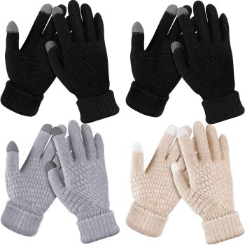 4 Pairs Women's Winter Touch Screen Gloves Warm Fleece Lined Knit Gloves Elastic Cuff Winter Texting Gloves (Black