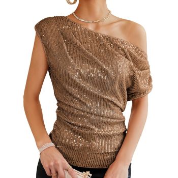 Ruched Batwing Sleeve Sequin Tops for Women Dressy Causal Trendy Off Shoulder Sparkle Tops Shirts Asymmetrical Glitter Party Tops Brown S