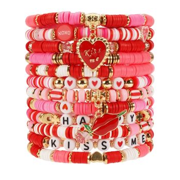 12pcs Valentine's Day Bracelets for Women Heishi Stackable Beaded XOXO Love Heart Charm Stretch Bracelet