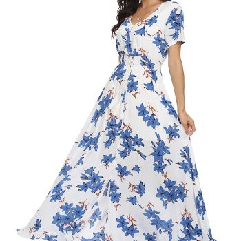 Women's Floral Maxi Dresses Boho Button Up Split Summer Casual Long Dress Beach Party Dress