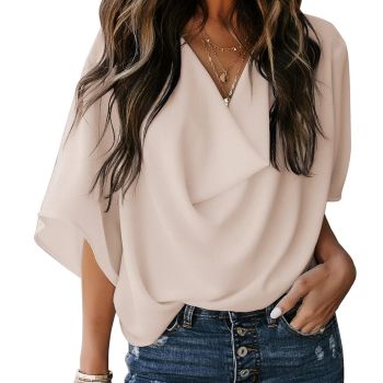 Blouses for Women Fashion 2024 Womens Tops Business Casual Outfits Ladies Blouses & Button Down Shirts 3/4 Sleeve Summer Top Cute Wrap Blouse Dressy Apricot Work Shirt Office Clothes