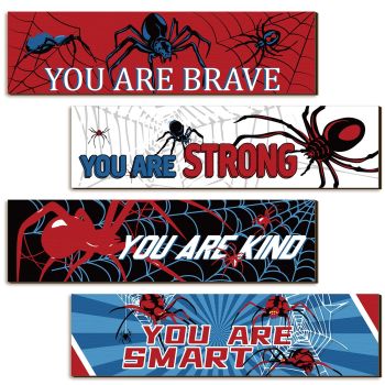 4 Pcs Spider Theme Sign Inspirational Spider Wall Room Decor for Boys Wooden Cartoon Decor Wood Art Prints for Kids Boys Man Bedroom Playroom Home Gameroom Birthday Gifts