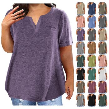 Plus Size Tops for Women Summer Fashion V-Neck Elegant Blouse Summer Trendy Short Sleeve Loose Fit Plain Tunic Tops C-Purple
