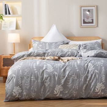 3PCS Comforter Set Floral Comforter Set Bedding Set White Flower Printing on Grey Comforter