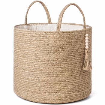 Woven Storage Basket Decorative Rope Basket Wooden Bead Decoration for Blankets,Toys,Clothes,Shoes,Plant Organizer Bin