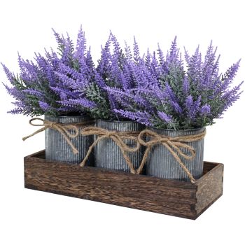 Set of 3 Small Potted Plants Arrangement Artificial Lavender Flower Plants in Rustic Galvanized Metal Pots