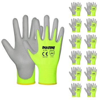 Safety Work Gloves for Men PU Coated 12 Pairs Bulk Pack,Hi-Vis Yellow Seamless Knit Glove