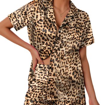 Pajamas for Women Satin Pjs Shorts Set Comfy Button Front Silk Sleepwear Set Silky Nightwear Leopard,Large