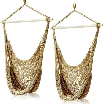 2 Pcs Hanging Hammock Chair Boho Swing Chair Indoor Outdoor Cotton Rope Weaving Chair