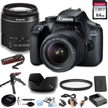 3000D(EOS Rebel T100) DSLR Camera w/EF-S 18-55mm F/3.5-5.6 Zoom Lens + 64GB Memory Card