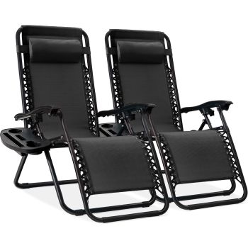 Set of 2 Adjustable Steel Mesh Zero Gravity Lounge Chair Recliners w/Pillows and Cup Holder Trays