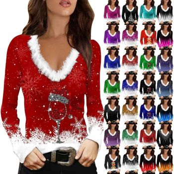 Womens Christmas Holiday Shirts Tops Faux Fur Snowflakes V Neck Sweaters Xmas Tree Pullover Tunic Tops Loose Blouse (Black of Friday