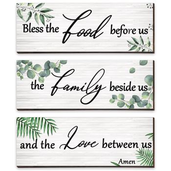 3 Pieces Eucalyptus Greenery Wooden Wall Sign Bless Family Food Love Plaque Botanical Leaf Wood Sign Green Leaves Rustic Sign Plant Porch Decor Farmhouse Hanging Plaque for Home Kitchen Decoration