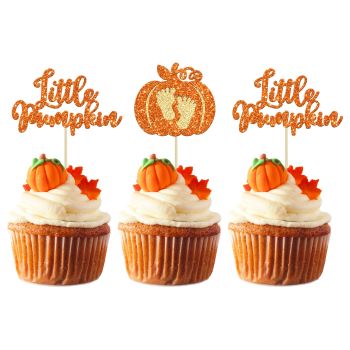 24Pcs Little Pumpkin Cupcake Toppers Glitter Pumpkin Cupcake Picks Little Pumpkin Baby Shower Decorations Fall Harvest Theme Baby Shower Kids Birthday Party Supplies