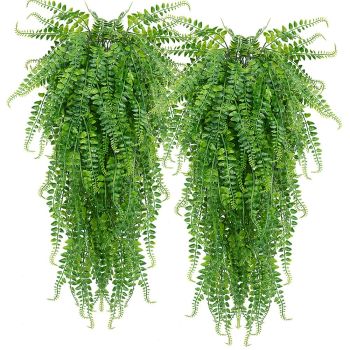 Artificial Hanging Plants Ferns Faux Fake Plants for Patio Porch Outdoor Decor (2 Pcs)